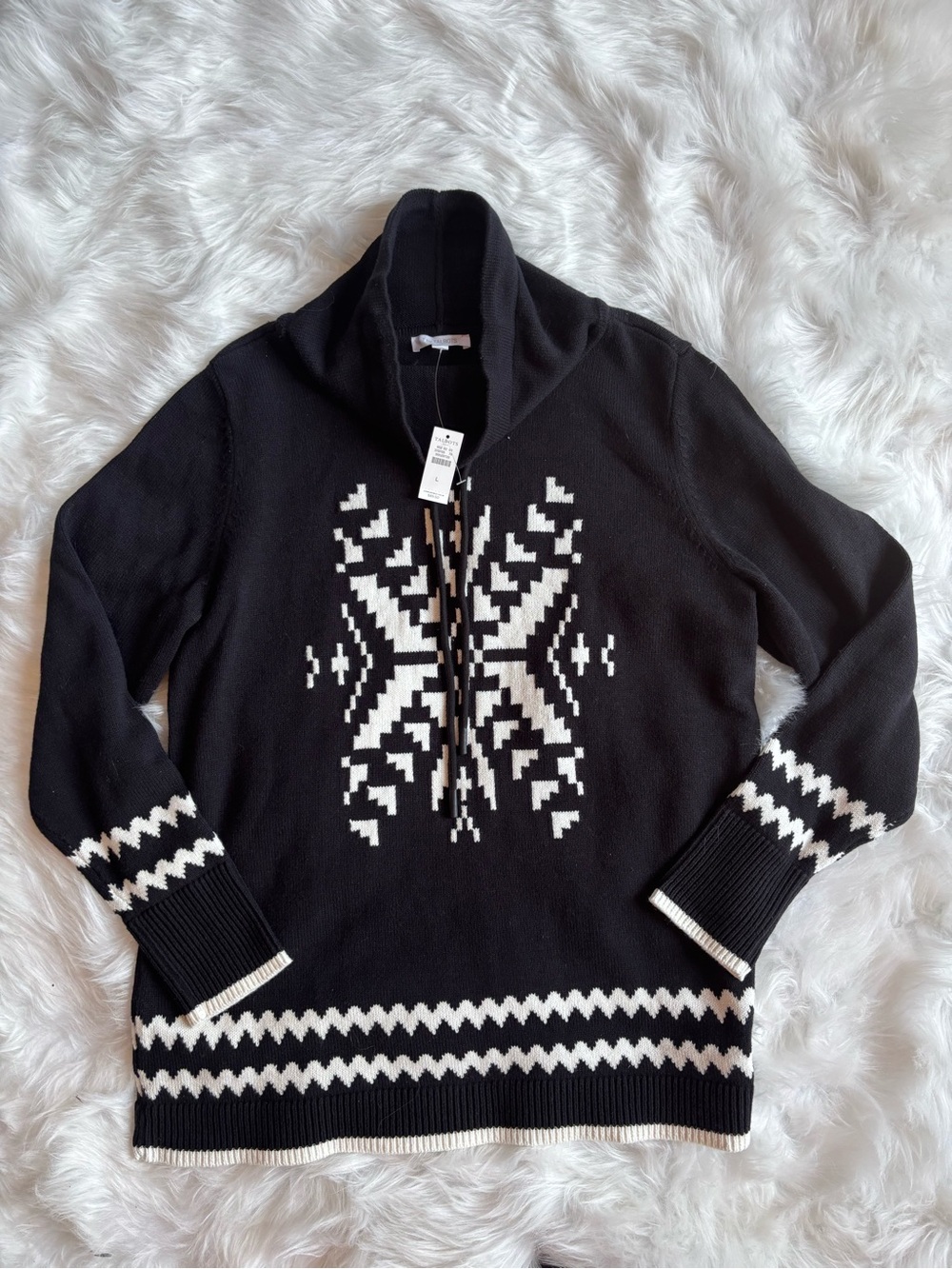 Women’s Black and White Nordic Half-Zip Sweater LARGE NWT